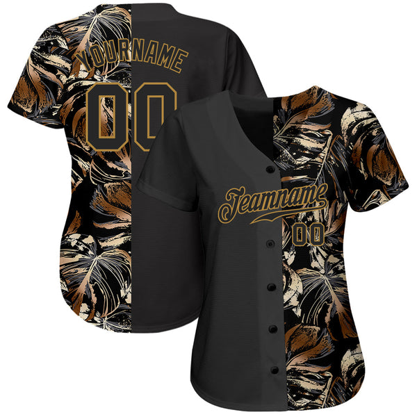 Custom 3D Pattern Design Golden Tropical Leaves In The Style Of Jungle And Hawaii Authentic Baseball Jersey alternate