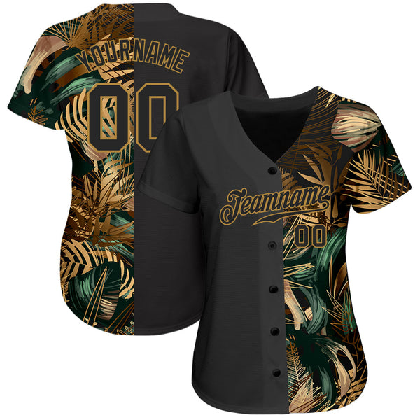 Custom 3D Pattern Design Golden And Green Tropical Leaves In The Style Of Jungle And Hawaii Authentic Baseball Jersey alternate