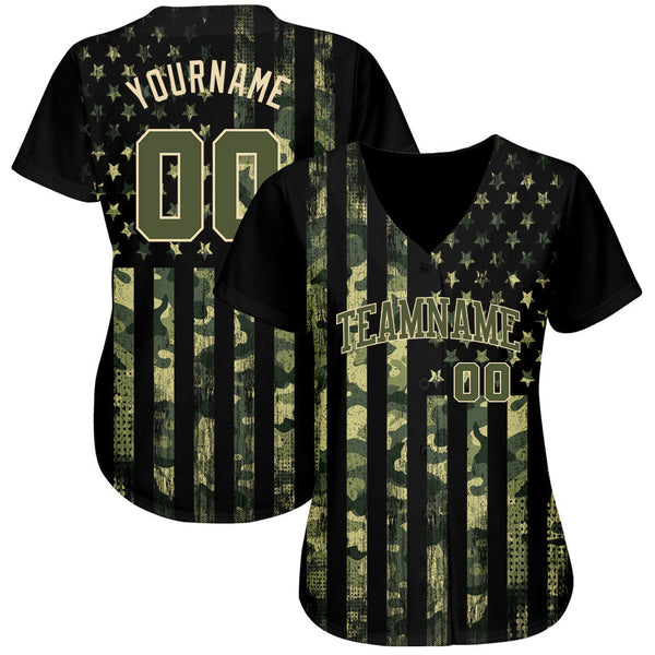 Custom Camo Olive-Cream 3D American Flag Authentic Salute To Service Baseball Jersey alternate