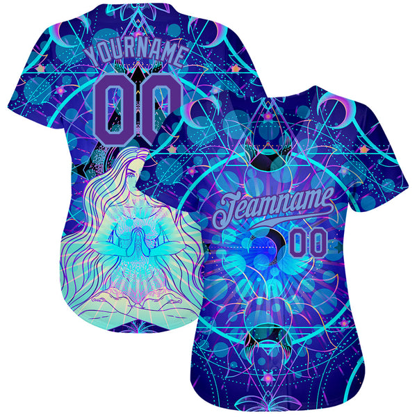 Custom 3D Pattern Design Magic Girl Sitting And Meditation In Lotus Position Over Geometry Psychedelic Hallucination Authentic Baseball Jersey alternate