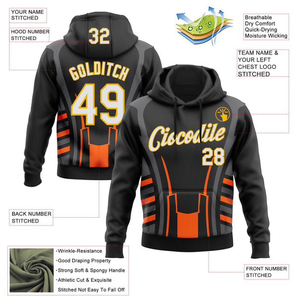 Custom Stitched Black White Gray Orange-Gold 3D Pattern Design Sportswear Pullover Sweatshirt Hoodie alternate