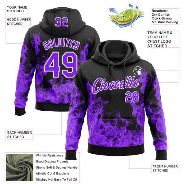 Custom Stitched Black Purple-White 3D Pattern Design Flame Sports Pullover Sweatshirt Hoodie alternate