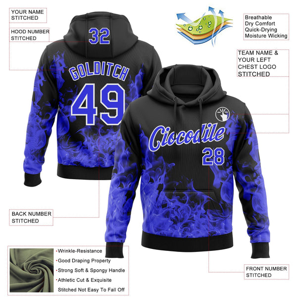 Custom Stitched Black Thunder Blue-White 3D Pattern Design Flame Sports Pullover Sweatshirt Hoodie alternate