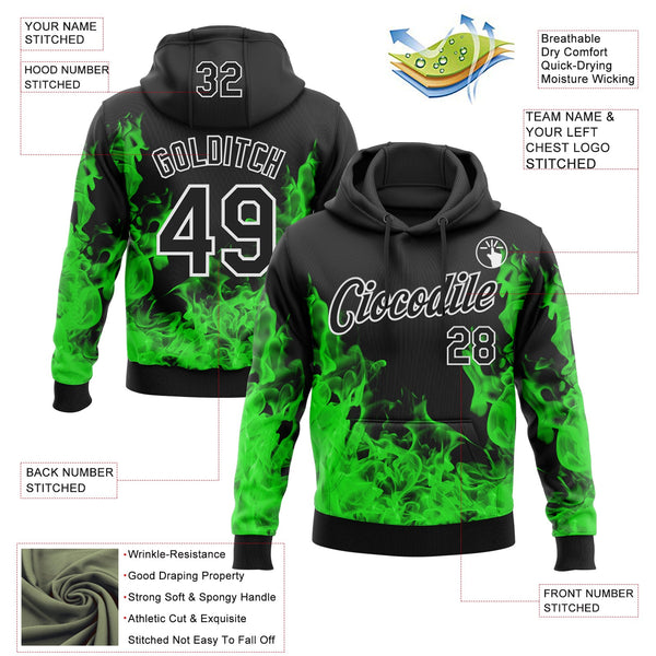 Custom Stitched Black Green-White 3D Pattern Design Flame Sports Pullover Sweatshirt Hoodie alternate