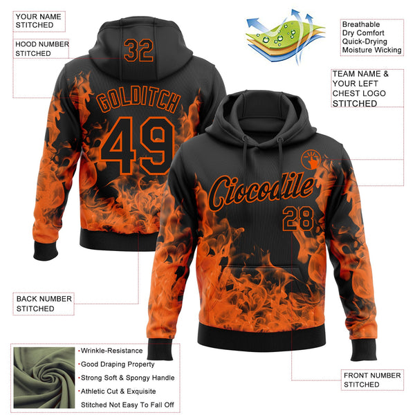 Custom Stitched Black Orange 3D Pattern Design Flame Sports Pullover Sweatshirt Hoodie alternate