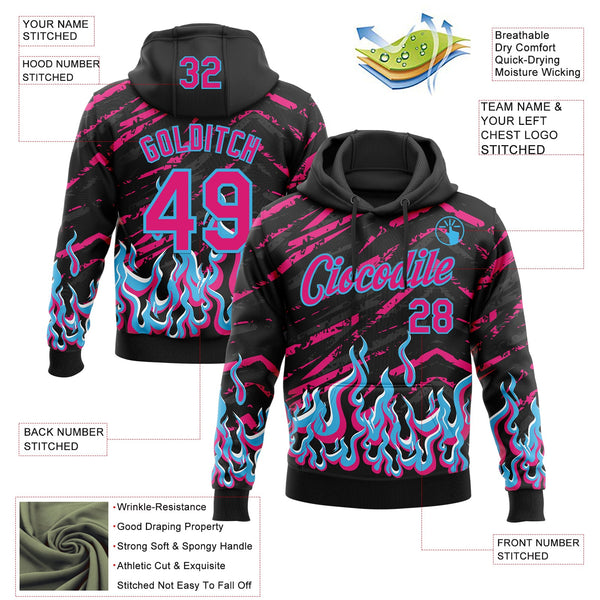 Custom Stitched Black Hot Pink-Sky Blue 3D Pattern Design Flame Sports Pullover Sweatshirt Hoodie alternate