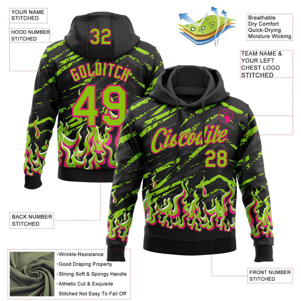 Custom Stitched Black Neon Green Hot Pink-White 3D Pattern Design Flame Sports Pullover Sweatshirt Hoodie alternate
