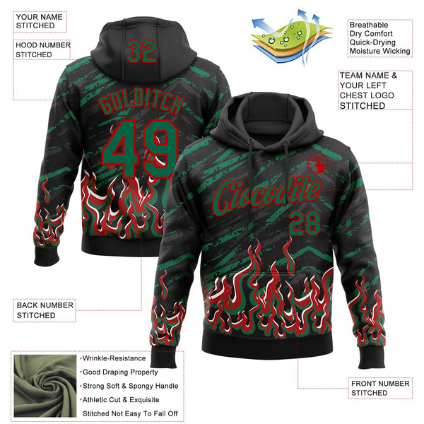 Custom Stitched Black Kelly Green Red-White 3D Pattern Design Flame Sports Pullover Sweatshirt Hoodie alternate
