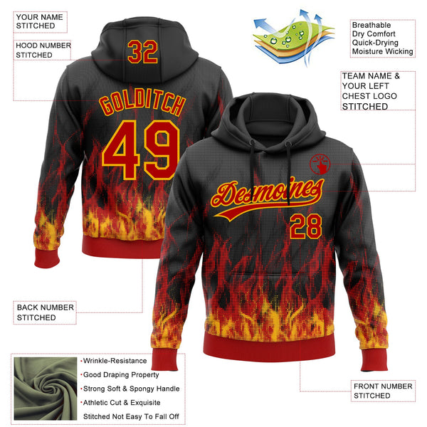 Custom Stitched Black Red-Gold 3D Pattern Design Flame Sports Pullover Sweatshirt Hoodie alternate
