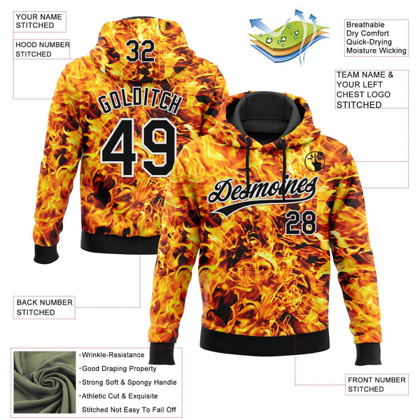 Custom Stitched Black Yellow-White 3D Pattern Design Flame Sports Pullover Sweatshirt Hoodie alternate