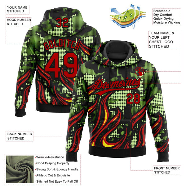 Custom Stitched Black Red Green-Yellow 3D Pattern Design Flame Sports Pullover Sweatshirt Hoodie alternate