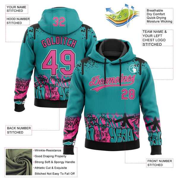Custom Stitched Teal Pink Black-White 3D Graffiti Splash Street Art Sports Pullover Sweatshirt Hoodie alternate