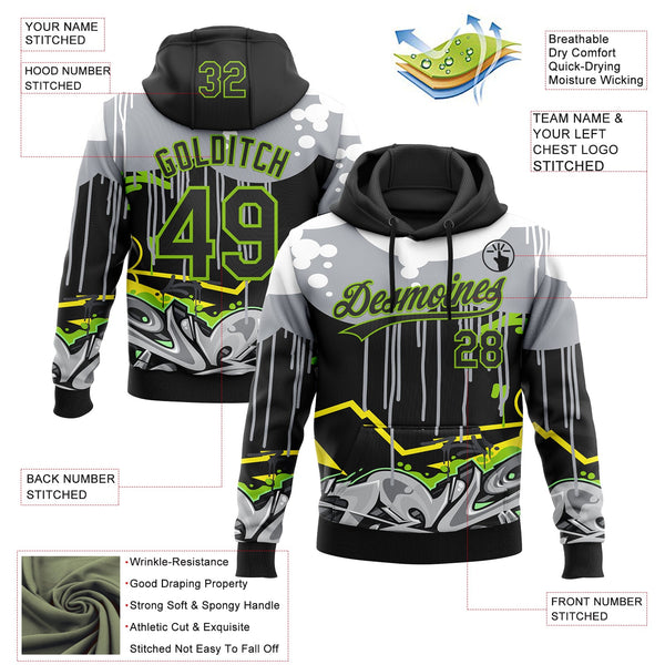 Custom Stitched Black Gray Neon Green Yellow-White 3D Graffiti Splash Street Art Sports Pullover Sweatshirt Hoodie alternate