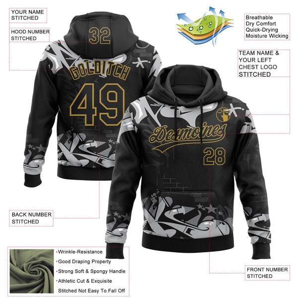 Custom Stitched Black Gray Old Gold-White 3D Graffiti Splash Street Art Sports Pullover Sweatshirt Hoodie alternate
