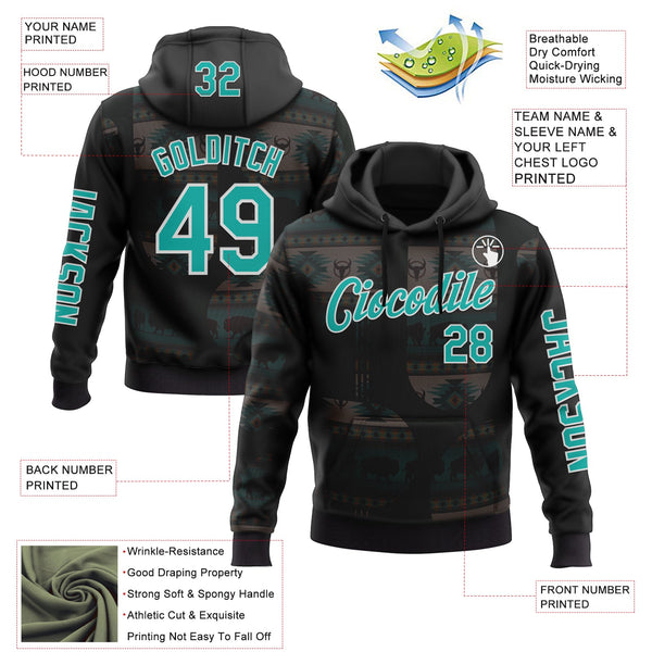 Custom Black Aqua-White 3D Pattern Design Ethnic Tribal Sportswear Pullover Sweatshirt Hoodie alternate