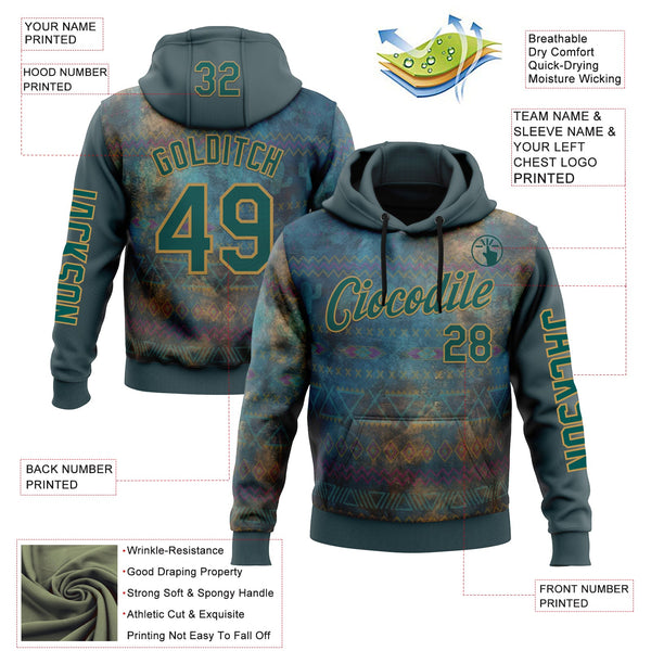 Custom Green Midnight Green-Old Gold 3D Pattern Design Ethnic Tribal Sportswear Pullover Sweatshirt Hoodie alternate