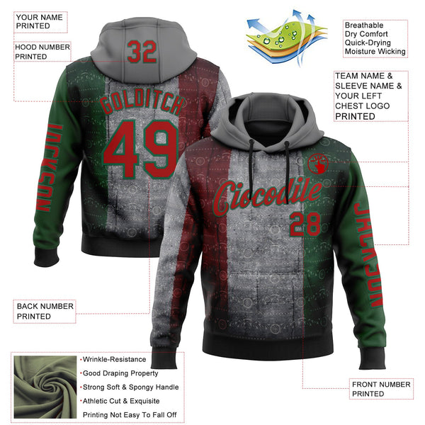 Custom Gray Red-Kelly Green 3D Pattern Design Meixican Tribal Sportswear Pullover Sweatshirt Hoodie alternate