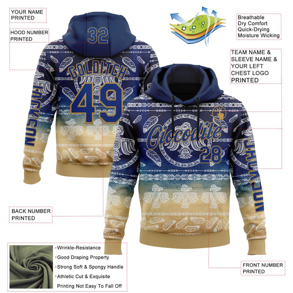 Custom Blue Royal-Old Gold 3D Pattern Design Ethnic Tribal Sportswear Pullover Sweatshirt Hoodie alternate
