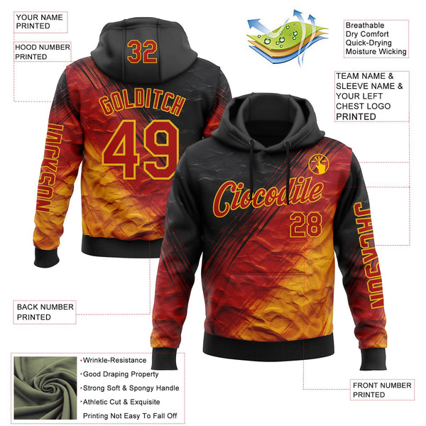 Custom Black Red-Yellow 3D Pattern Design Gradient Ethnic Tribal Sportswear Pullover Sweatshirt Hoodie alternate