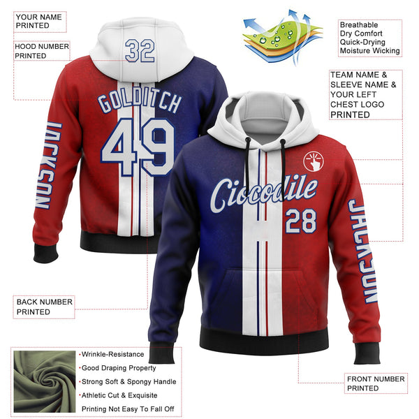 Custom Red White Blue-Royal 3D Pattern Design France Inspired Sports Pullover Sweatshirt Hoodie alternate