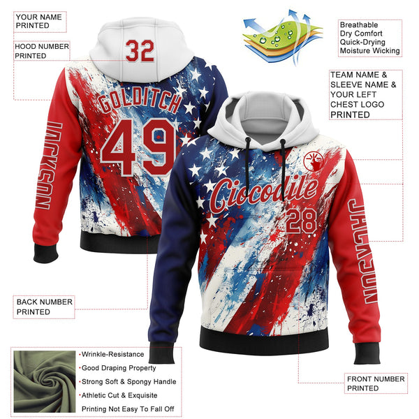 Custom Red Blue Black-White 3D American Flag Sports Pullover Sweatshirt Hoodie alt
