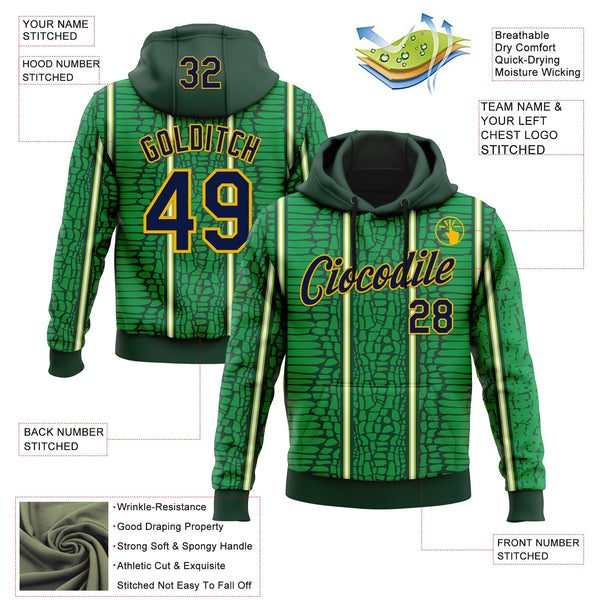 Custom Stitched Green Navy-Gold 3D Pattern Design Crocodile Skin Print Sportswear Pullover Sweatshirt Hoodie alternate