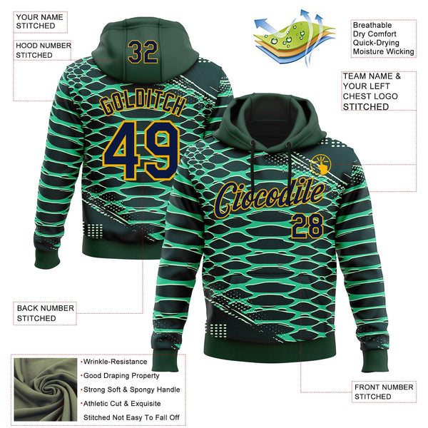 Custom Stitched Green Navy-Gold 3D Pattern Design Crocodile Skin Print Sportswear Pullover Sweatshirt Hoodie alternate