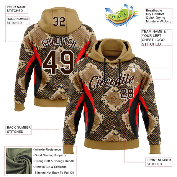 Custom Stitched Old Gold Brown Black Red-White 3D Pattern Design Snake Skin Print Sportswear Pullover Sweatshirt Hoodie alternate