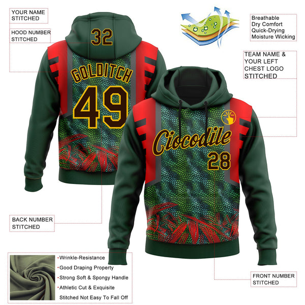 Custom Stitched Green Brown Red-Yellow 3D Pattern Design Snake Skin Print Sportswear Pullover Sweatshirt Hoodie alternate