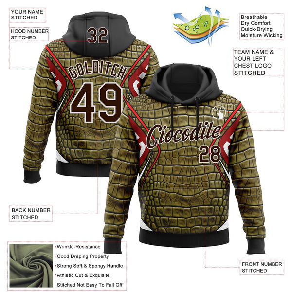 Custom Stitched Green Brown Black Red-White 3D Pattern Design Crocodile Skin Print Sportswear Pullover Sweatshirt Hoodie alternate