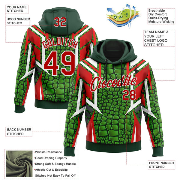 Custom Stitched Green Red-White 3D Pattern Design Crocodile Skin Print Sportswear Pullover Sweatshirt Hoodie alternate