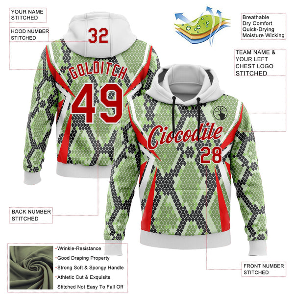 Custom Stitched Green Red Black-White 3D Pattern Design Snake Skin Print Sportswear Pullover Sweatshirt Hoodie alternate
