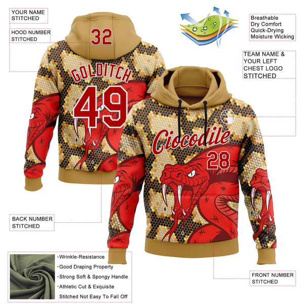 Custom Stitched Old Gold Red Black-White 3D Pattern Design Snake Skin Print Sportswear Pullover Sweatshirt Hoodie alternate