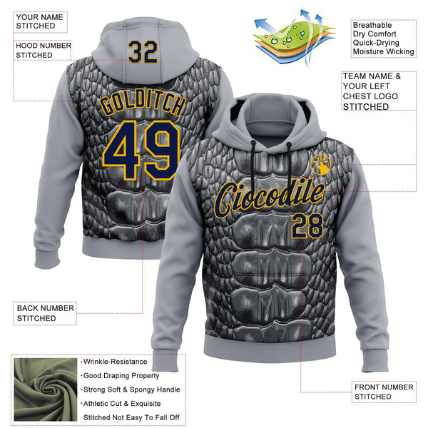 Custom Stitched Gray Navy Black-Gold 3D Pattern Design Snake Skin Print Sportswear Pullover Sweatshirt Hoodie alternate