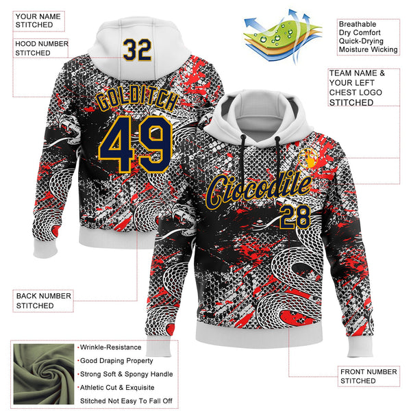 Custom Stitched White Navy Black Red-Gold 3D Pattern Design Snake Skin Print Sportswear Pullover Sweatshirt Hoodie alternate