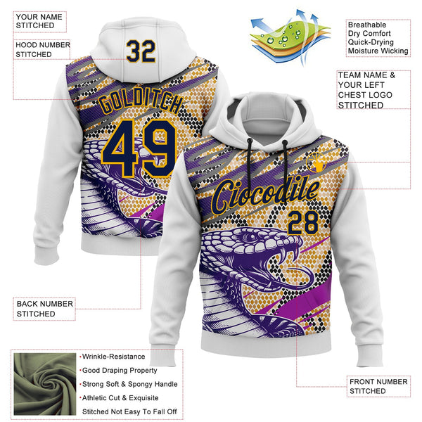 Custom Stitched White Navy Purple Black-Gold 3D Pattern Design Snake Skin Print Sportswear Pullover Sweatshirt Hoodie alternate