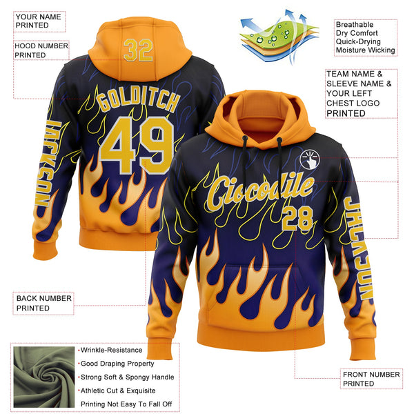Custom Blue Yellow-White 3D Abstract Flame Sports Pullover Sweatshirt Hoodie alternate