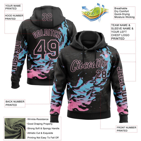 Custom Black Blue-Light Pink 3D Abstract Flame Sports Pullover Sweatshirt Hoodie alternate