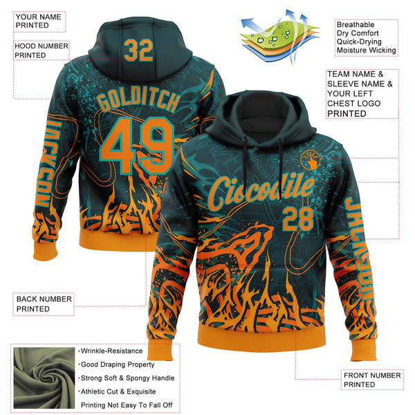 Custom Green Bay Orange-Aqua 3D Abstract Flame Sports Pullover Sweatshirt Hoodie alternate
