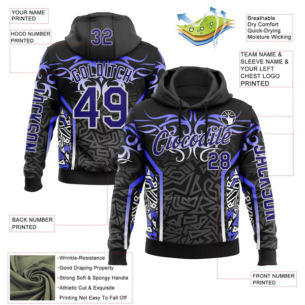 Custom Black Dark Purple Gray-White 3D Abstract Flame Sports Pullover Sweatshirt Hoodie alternate