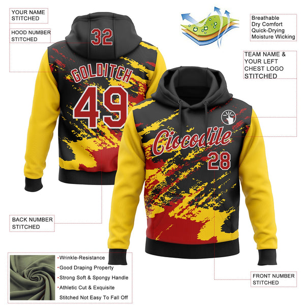 Custom Stitched Black Red Yellow-White 3D Pattern Design Abstract Fragment Art Splash Sports Pullover Sweatshirt Hoodie alternate