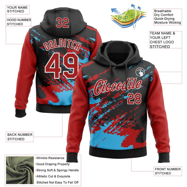 Custom Stitched Black Red Sky Blue-White 3D Pattern Design Abstract Fragment Art Splash Sports Pullover Sweatshirt Hoodie alternate