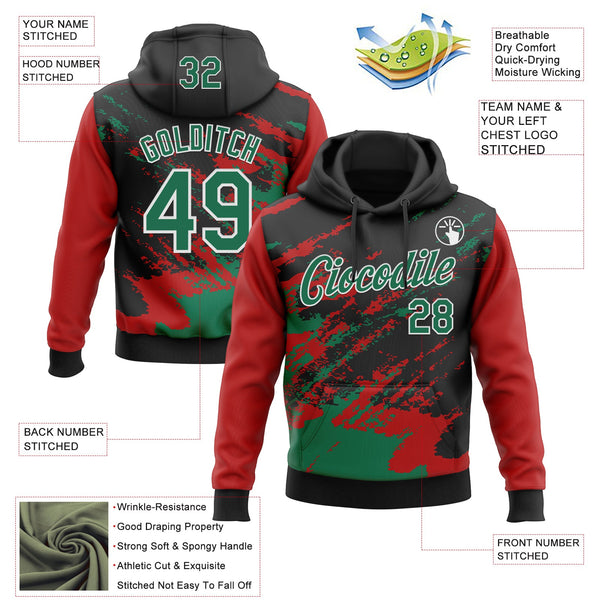 Custom Stitched Black Kelly Green Red-White 3D Pattern Design Abstract Fragment Art Splash Sports Pullover Sweatshirt Hoodie alternate