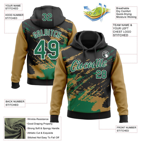 Custom Stitched Black Kelly Green Old Gold-White 3D Pattern Design Abstract Fragment Art Splash Sports Pullover Sweatshirt Hoodie alternate