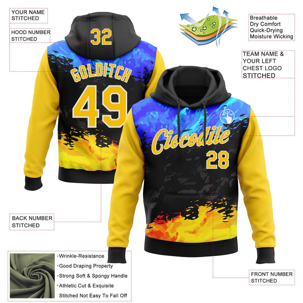 Custom Stitched Black Yellow Blue-White 3D Pattern Design Splash Sports Pullover Sweatshirt Hoodie alternate
