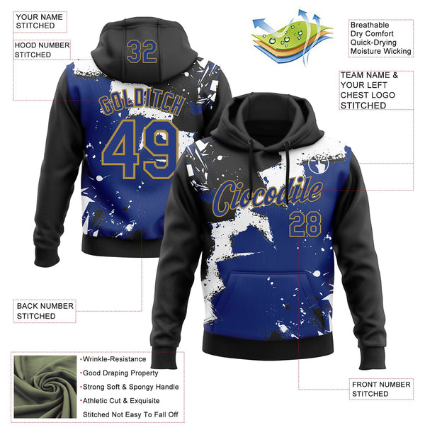 Custom Stitched Black Royal Old Gold-White 3D Pattern Design Splash Torn Paper Style Sports Pullover Sweatshirt Hoodie alternate