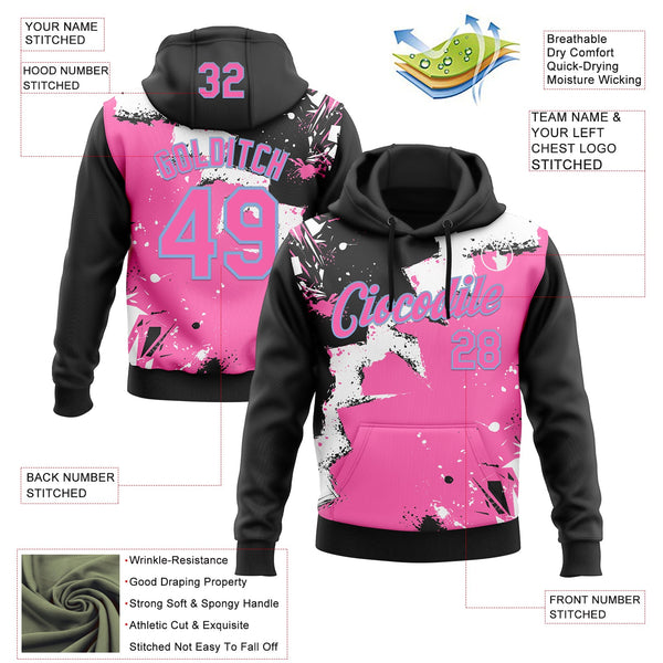 Custom Stitched Black Pink Light Blue-White 3D Pattern Design Splash Torn Paper Style Sports Pullover Sweatshirt Hoodie alternate