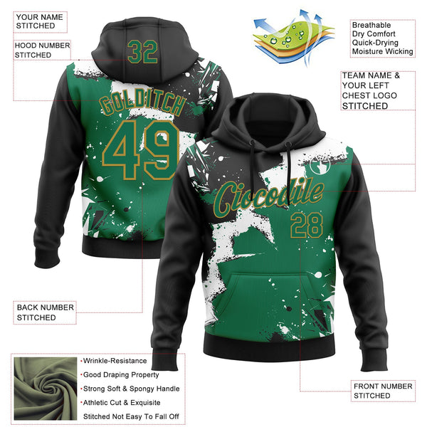Custom Stitched Black Kelly Green Old Gold-White 3D Pattern Design Splash Torn Paper Style Sports Pullover Sweatshirt Hoodie alternate