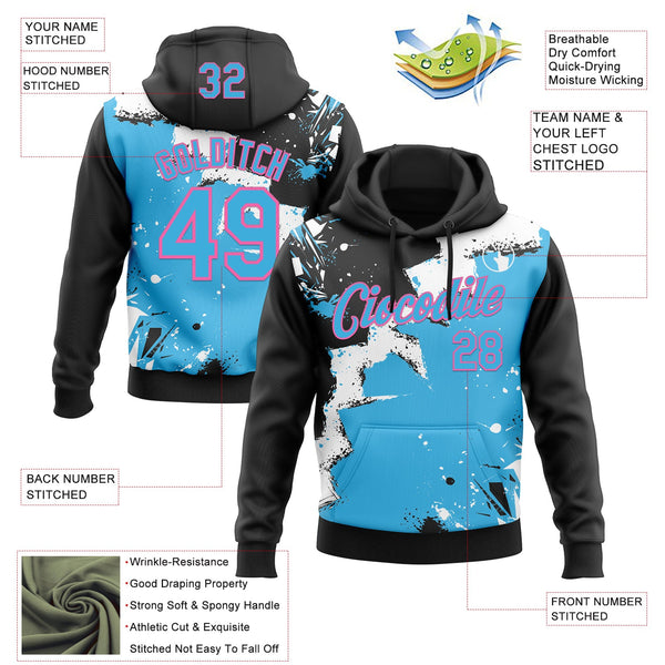Custom Stitched Black Sky Blue Pink-White 3D Pattern Design Splash Torn Paper Style Sports Pullover Sweatshirt Hoodie alternate