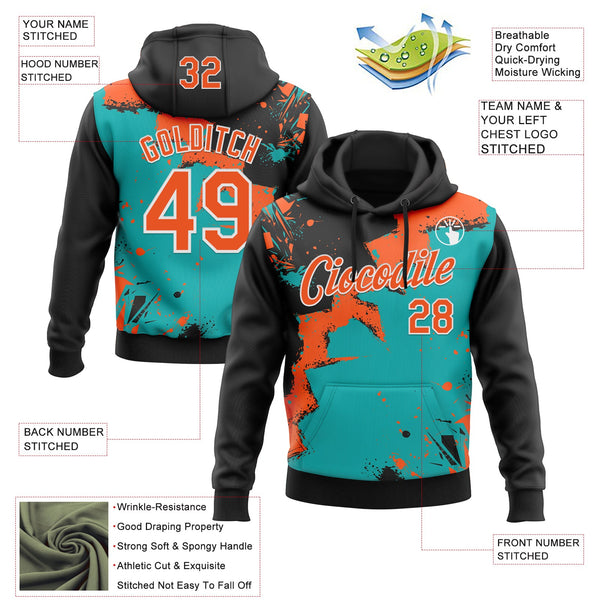 Custom Stitched Black Orange Aqua-White 3D Pattern Design Splash Torn Paper Style Sports Pullover Sweatshirt Hoodie alternate